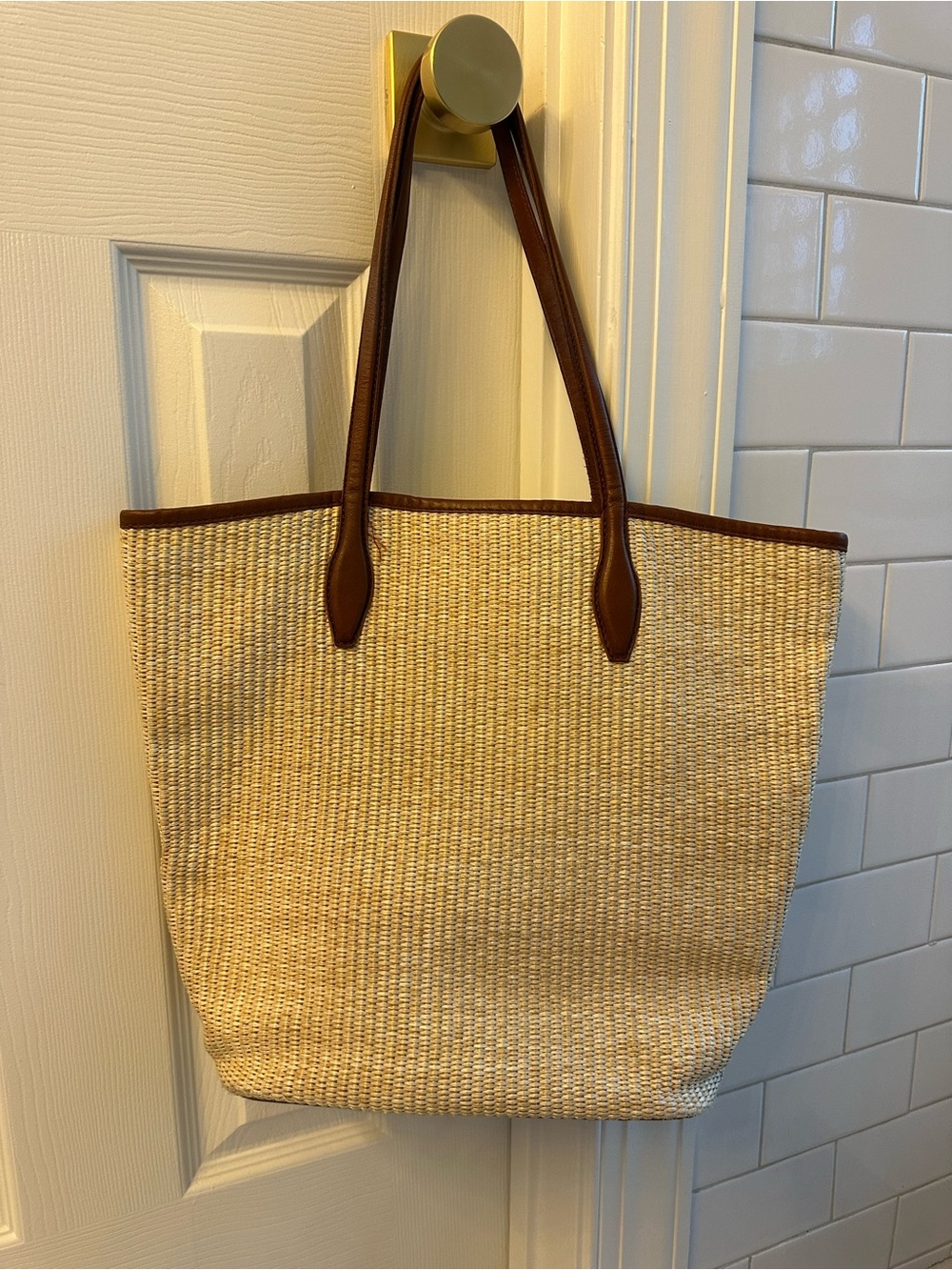 Madewell Woven Straw Tote Bag with Brown Trim